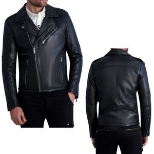KARL LAGERFELD PARIS Notch Lapel Black Genuine Leather Moto Jacket, Size M